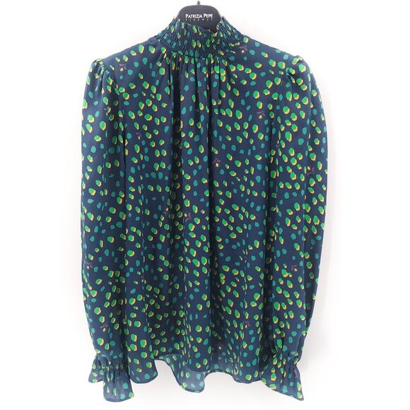 TUCKER NYC High Neck Silk Blouse in Jungle Dot Print W/Fireflies Print - Picture 1 of 4